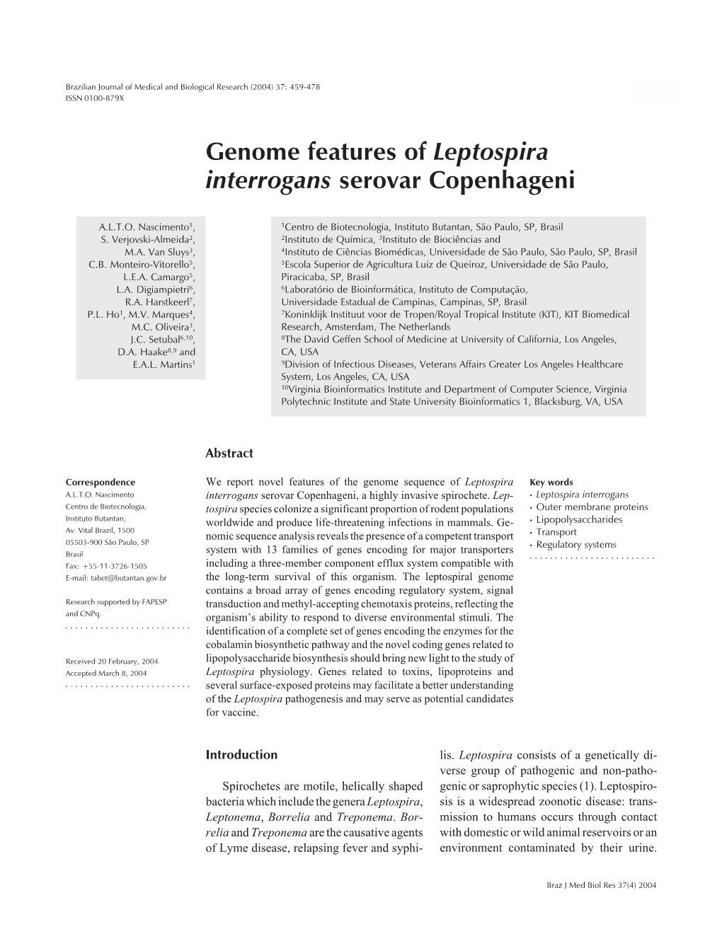 Genome Features of Leptospira Interrogans Serovar Copenhageni