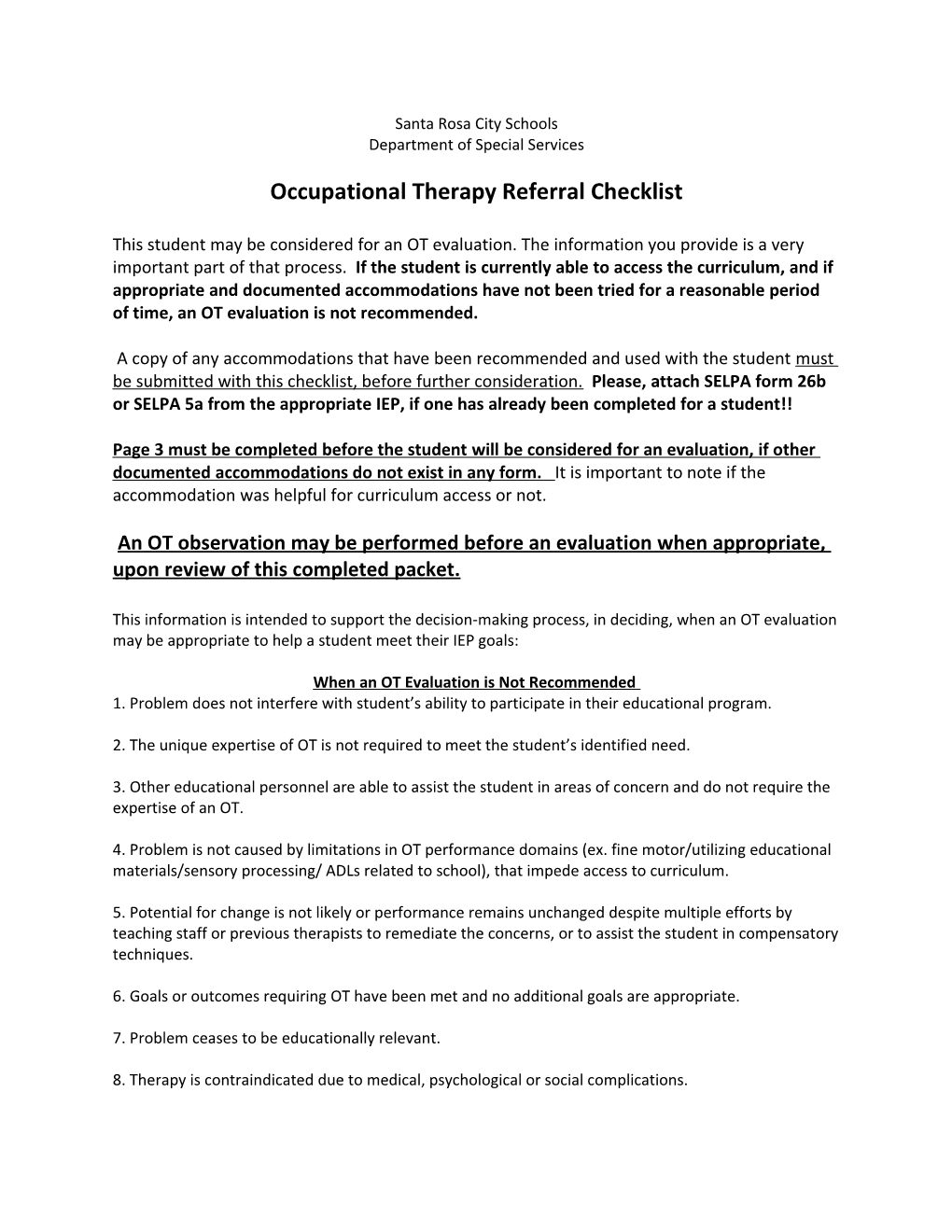 Occupational Therapy Referral Checklist