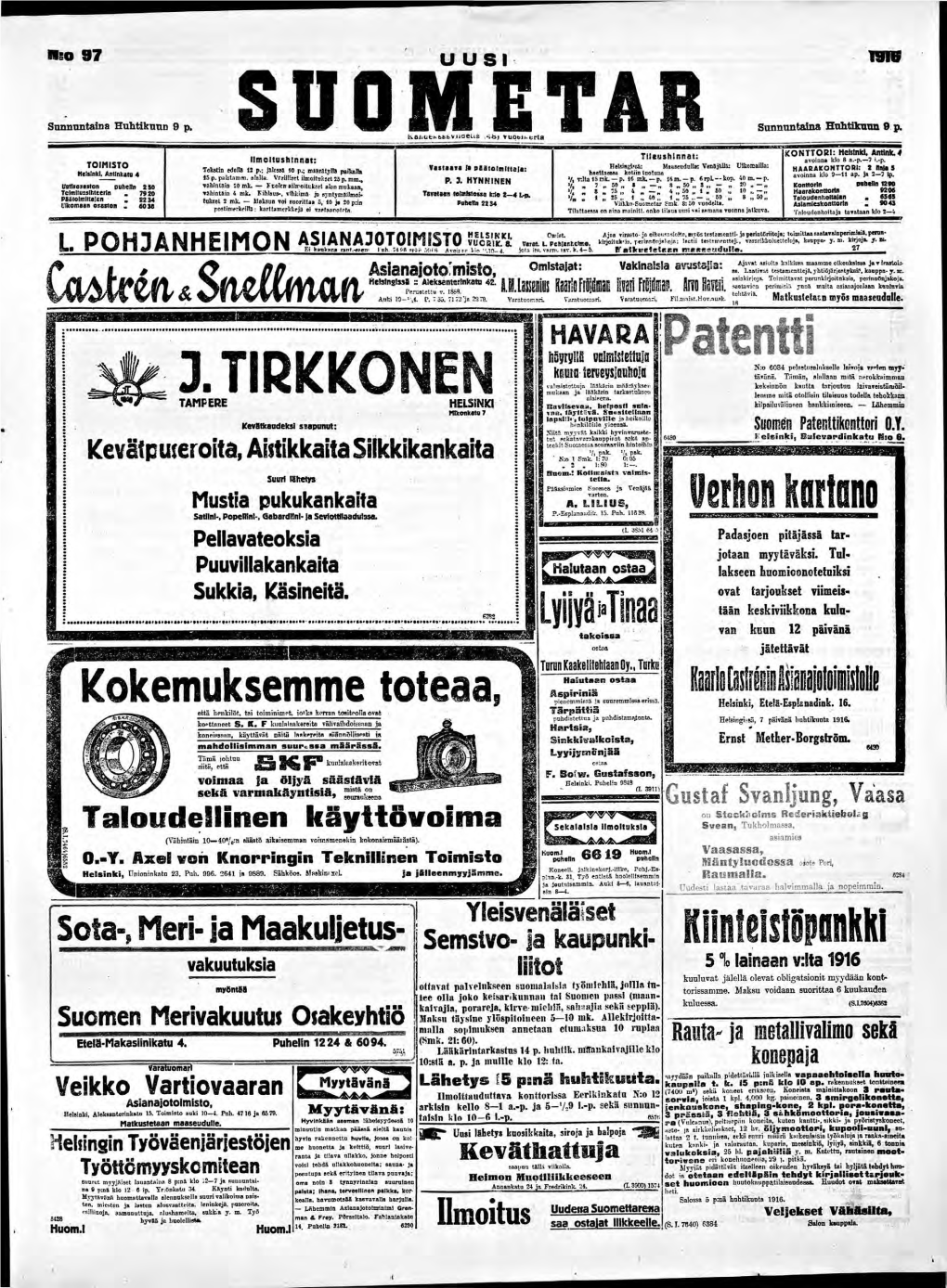 Uusi Suometar 9.4.1916, Koko Lehti