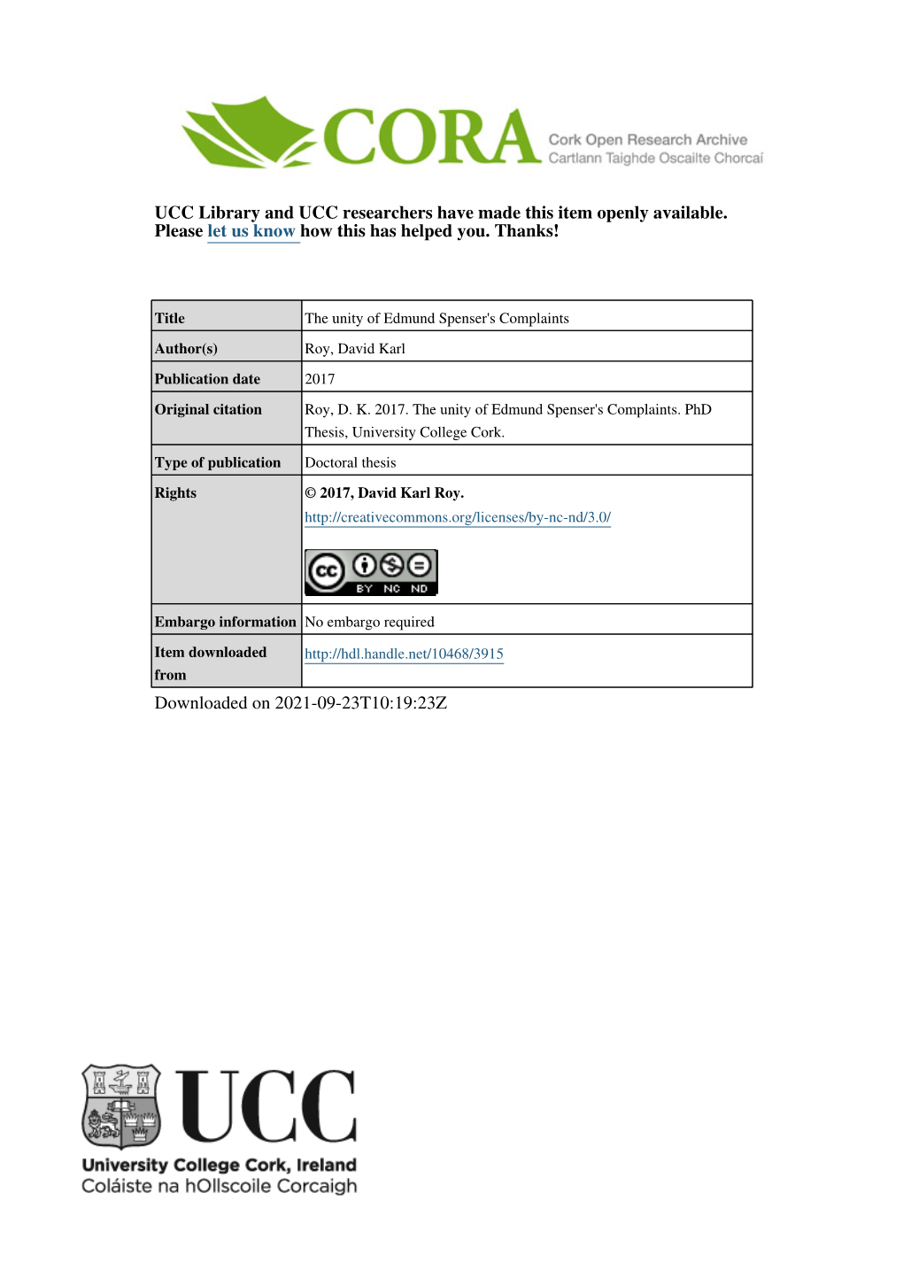 David Roy the Unity of Edmund Spenser's Complaints.Pdf