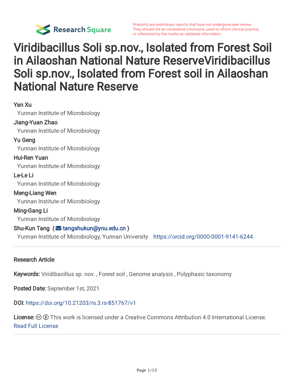 Viridibacillus Soli Sp.Nov., Isolated from Forest Soil in Ailaoshan