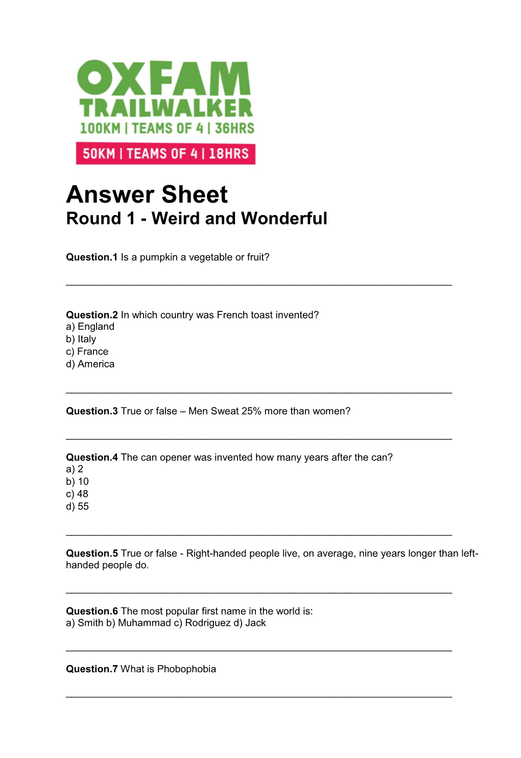 Answer Sheet Round 1 - Weird and Wonderful