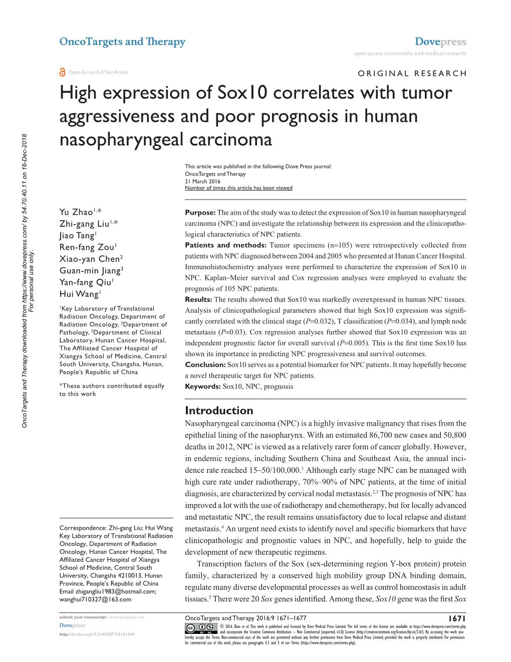 High Expression of Sox10 Correlates with Tumor Aggressiveness and Poor Prognosis in Human Nasopharyngeal Carcinoma