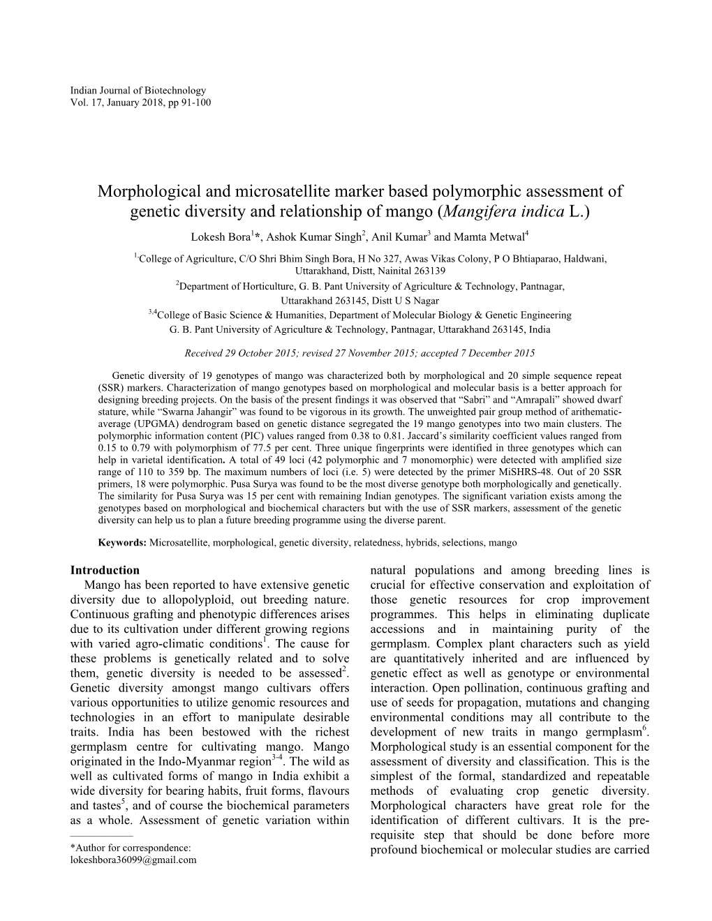 Morphological and Microsatellite Marker Based Polymorphic