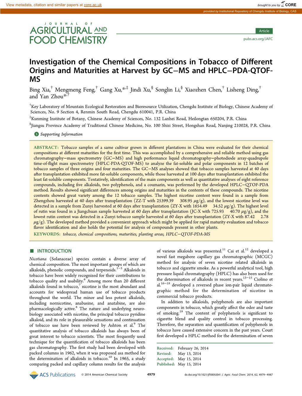 Investigation of the Chemical Compositions in Tobacco of Different Origins and Maturities at Harvest by GCMS and HPLCPDA-QTOF-MS