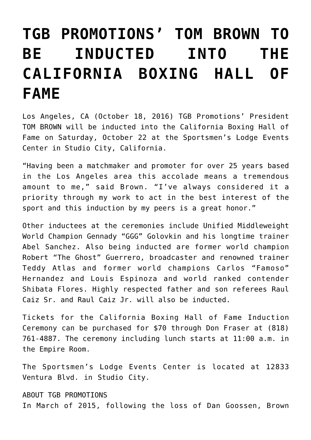 Tom Brown to Be Inducted Into the California Boxing Hall of Fame