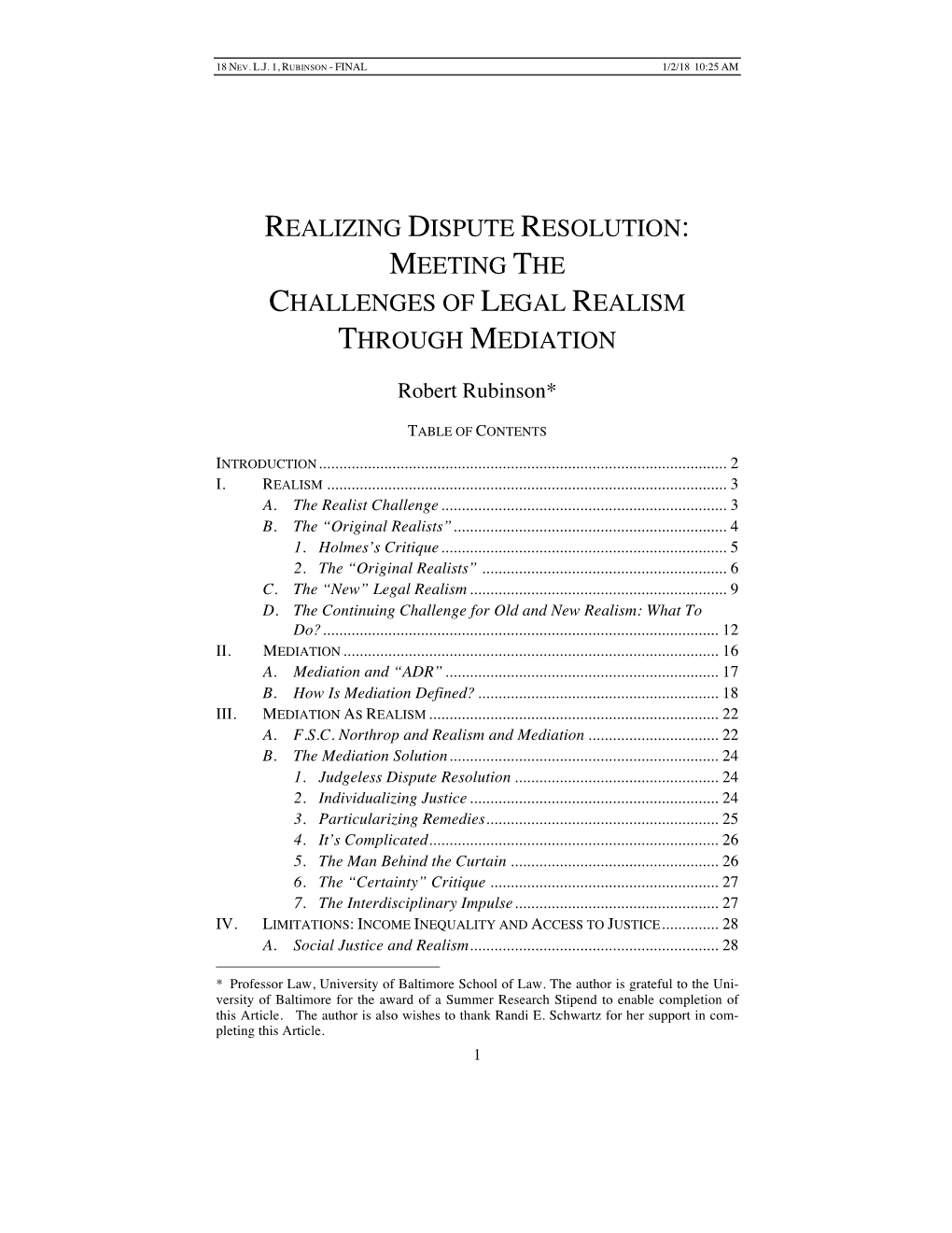 Realizing Dispute Resolution: Meeting the Challenges of Legal Realism Through Mediation