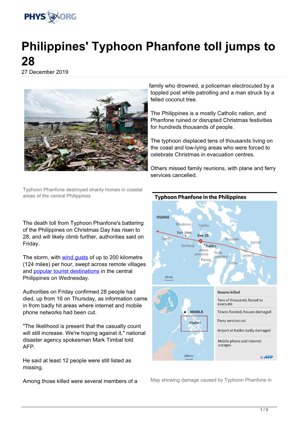 Philippines' Typhoon Phanfone Toll Jumps to 28 27 December 2019