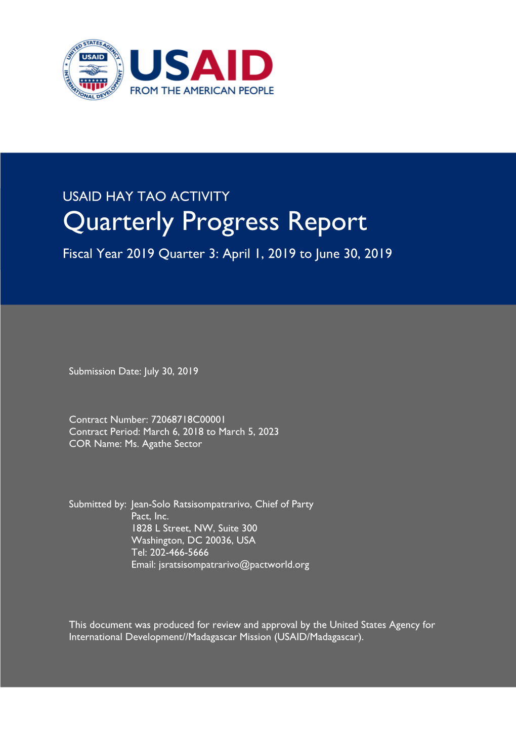 USAID HAY TAO ACTIVITY Quarterly Progress Report Fiscal Year 2019 Quarter 3: April 1, 2019 to June 30, 2019