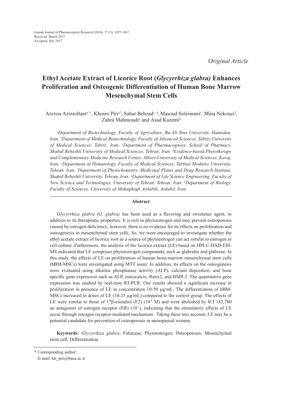 Ethyl Acetate Extract of Licorice Root (Glycyrrhiza Glabra) Enhances Proliferation and Osteogenic Differentiation of Human Bone Marrow Mesenchymal Stem Cells