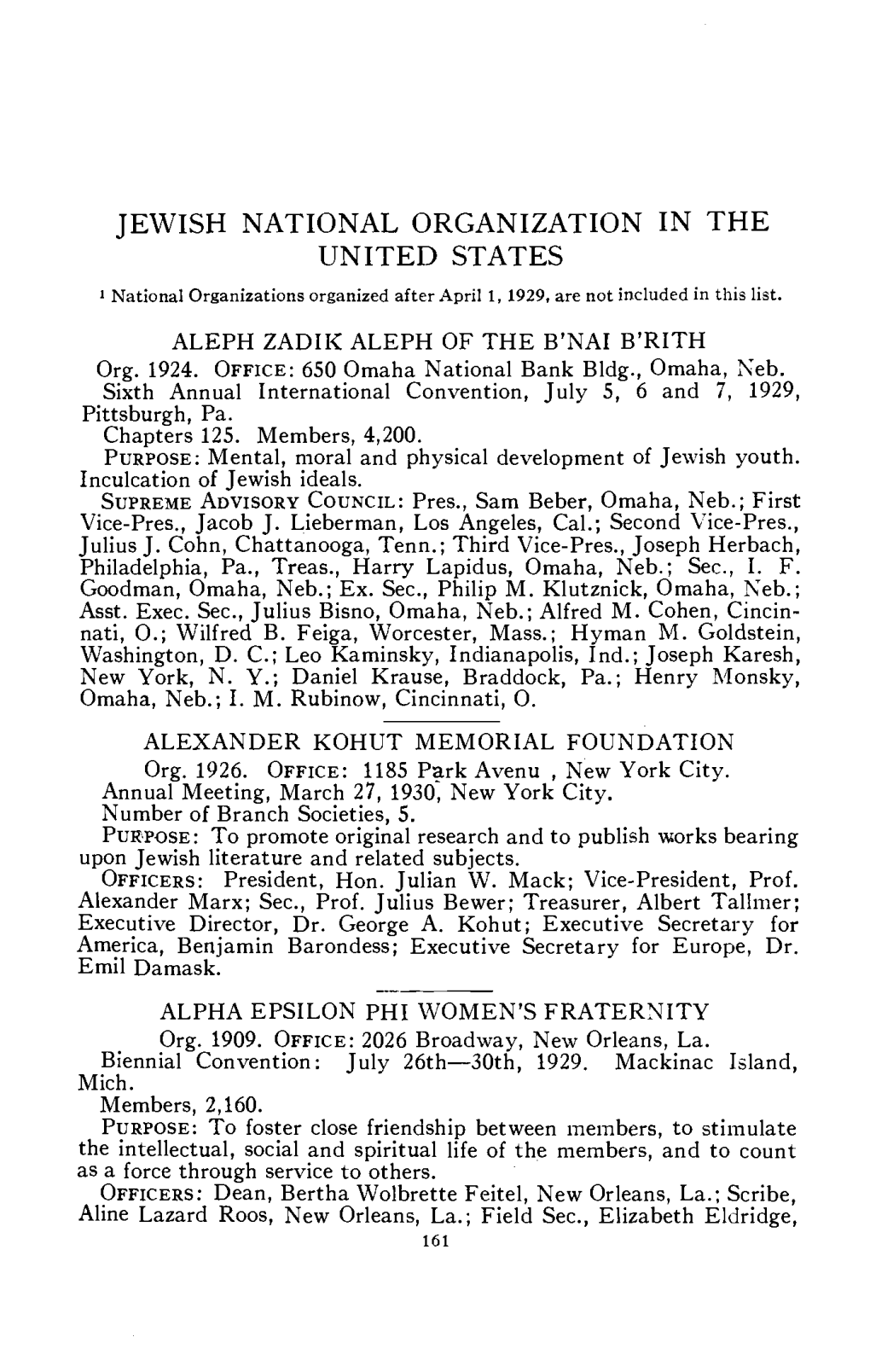 JEWISH NATIONAL ORGANIZATION in the UNITED STATES 1 National Organizations Organized After April 1, 1929, Are Not Included in This List