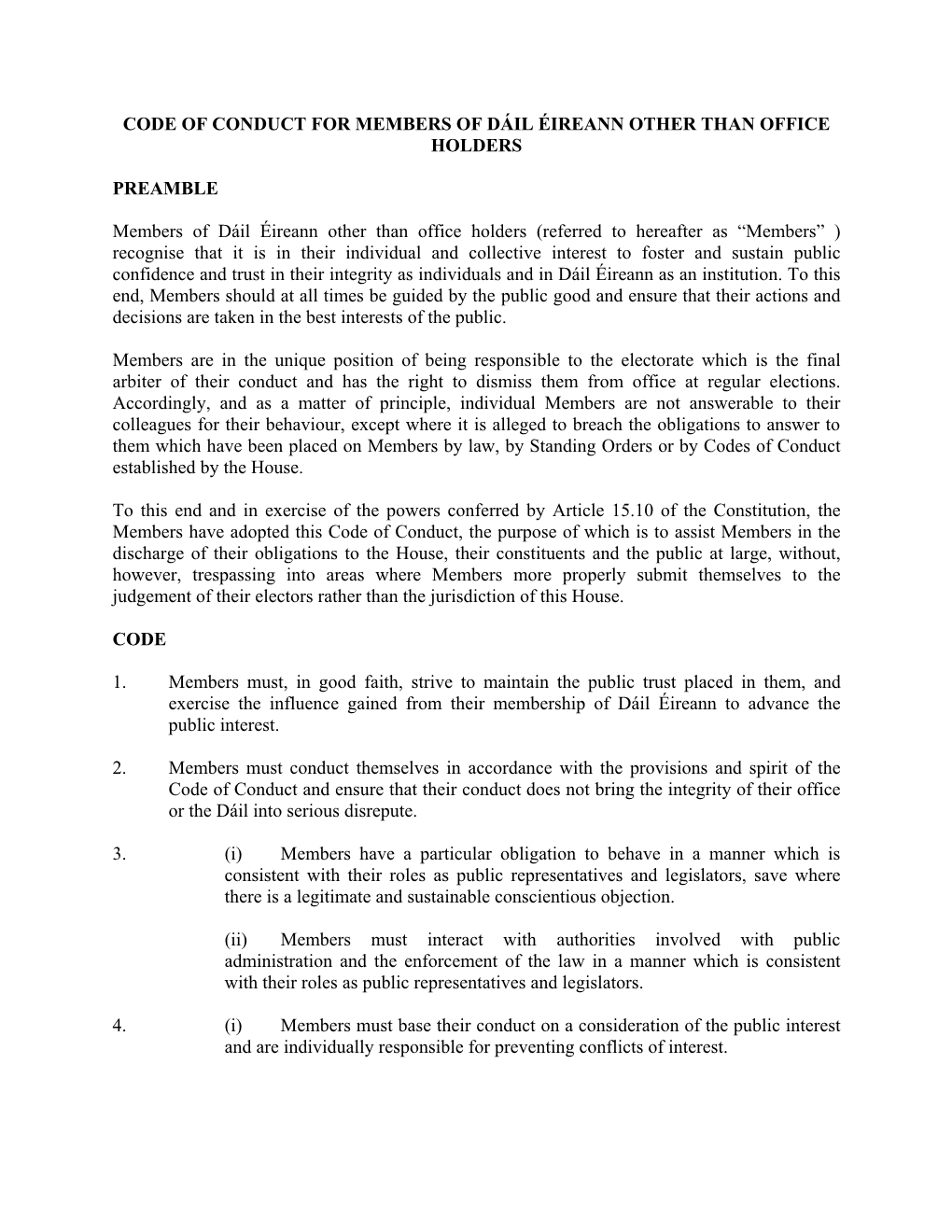 Code of Conduct for Members of Dáil Éireann Other Than Office Holders