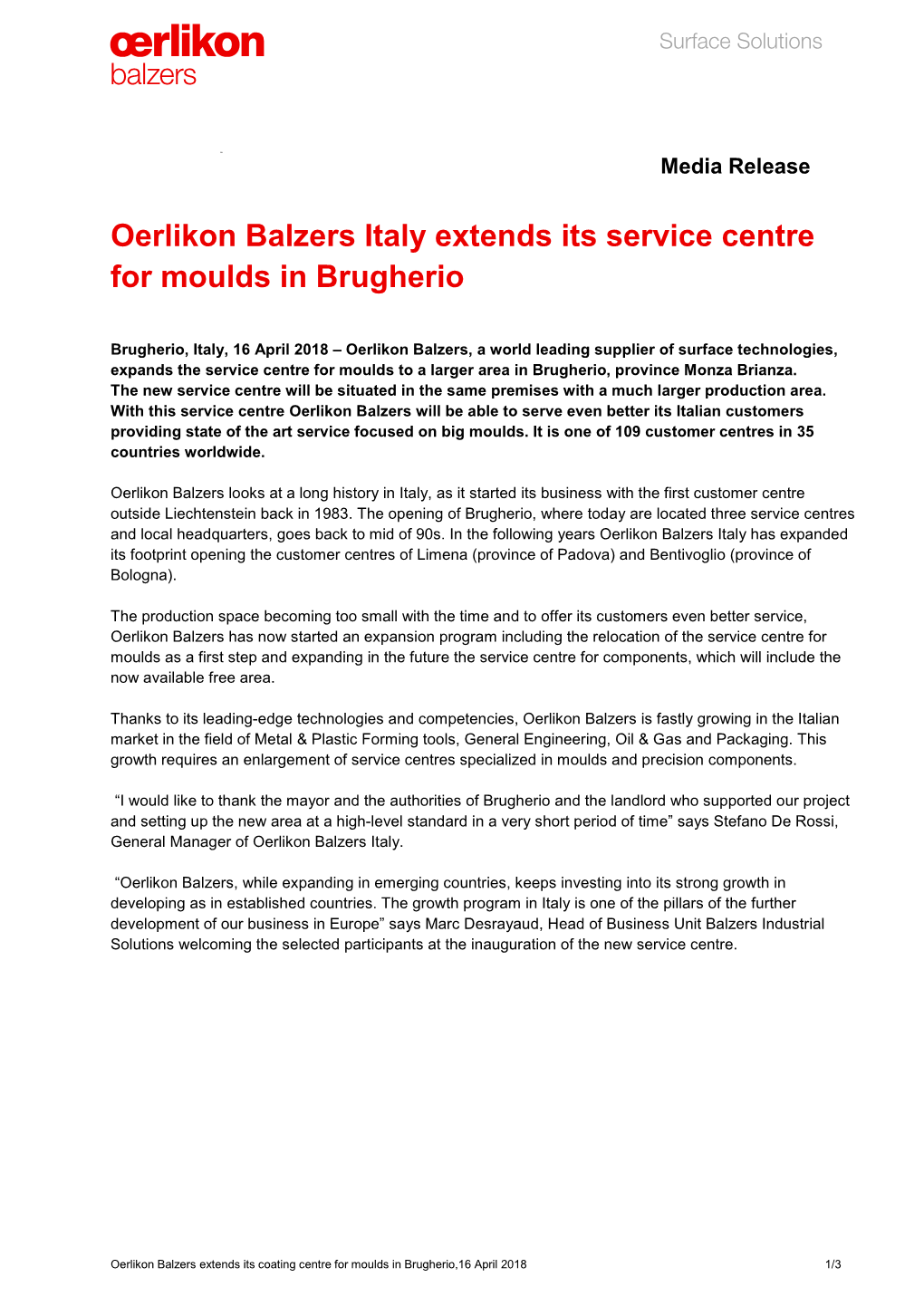 Oerlikon Balzers Italy Extends Its Service Centre for Moulds in Brugherio