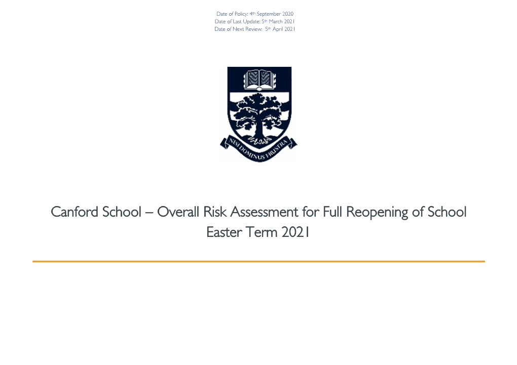 Overall Risk Assessment for Full Reopening of School Easter Term 2021