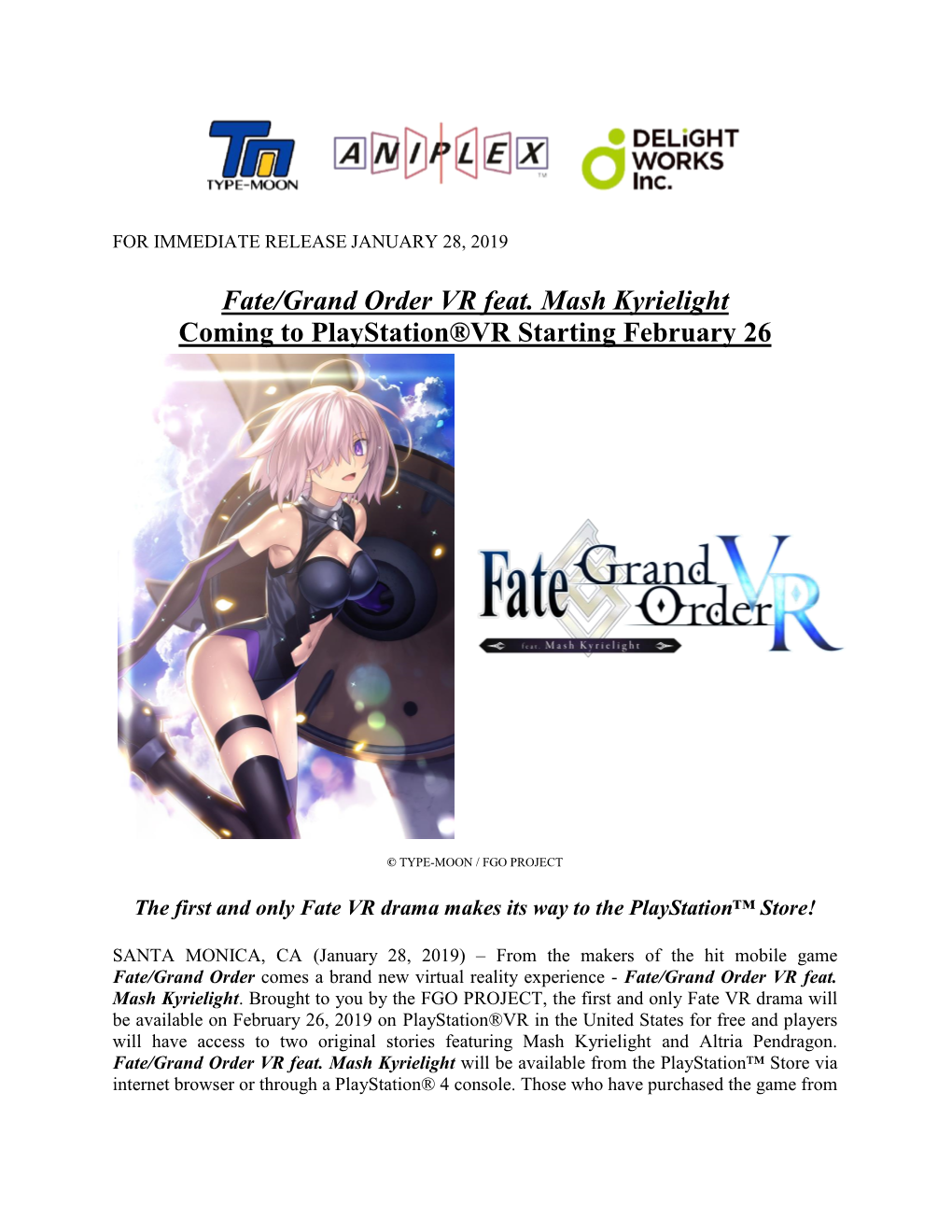 Fate/Grand Order VR Feat. Mash Kyrielight Coming to Playstation®VR Starting February 26