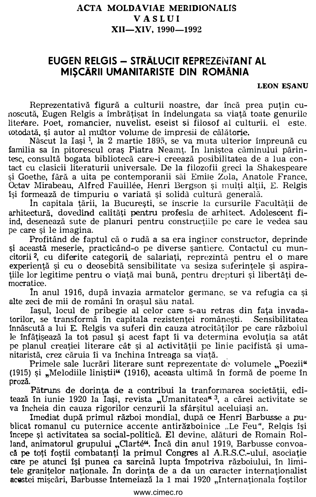 EUGEN RELGIS - STRĂLUCIT Reprezei\Itant AL MIŞCĂRII UMANITARISTE DIN ROMÂNIA LEON EŞANU