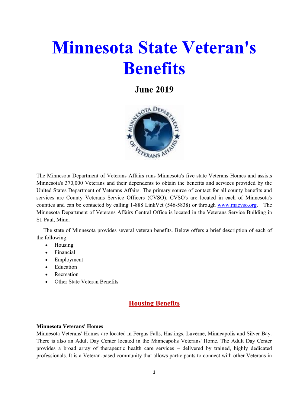 Minnesota State Veteran's Benefits