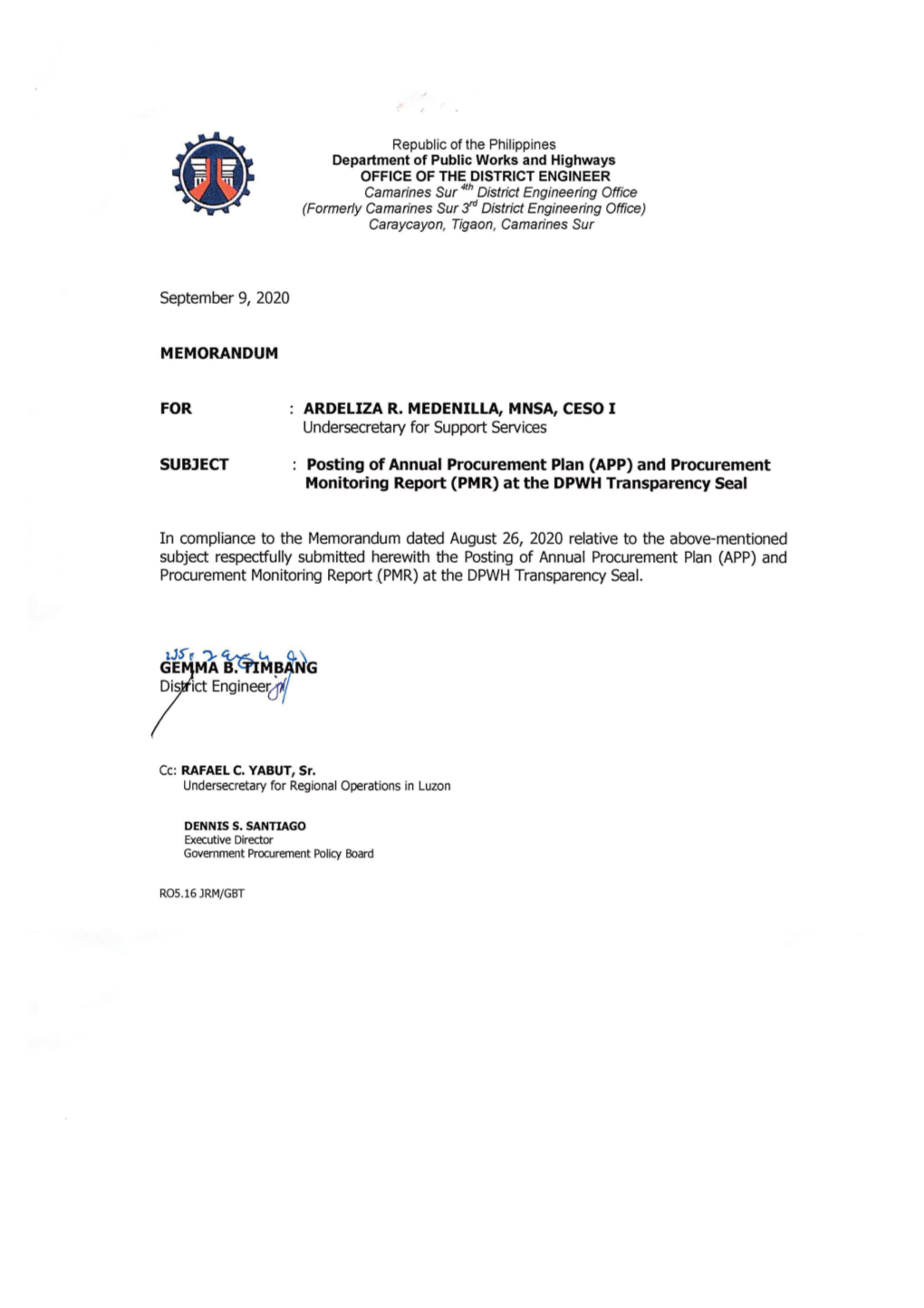 DPWH Camarines Sur 4Th District Engineering Office (Formerly Camarines Sur 3Rd District Engineering Office)Procurement Monitoring Report January-June, 2020