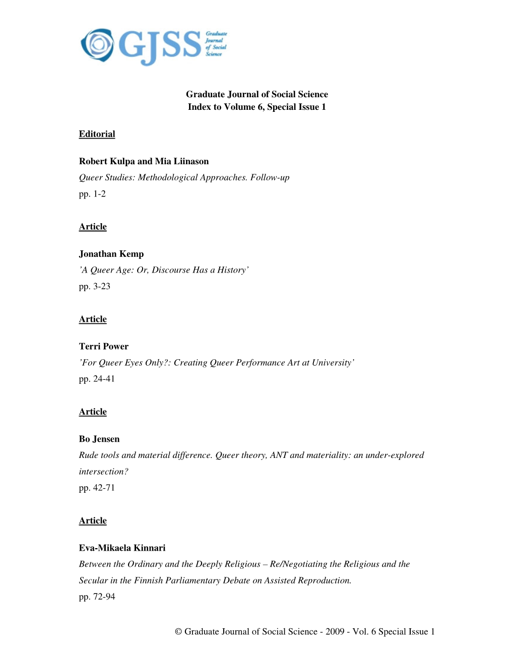 Vol. 6 Special Issue 1 Graduate Journal of Social Science Index To