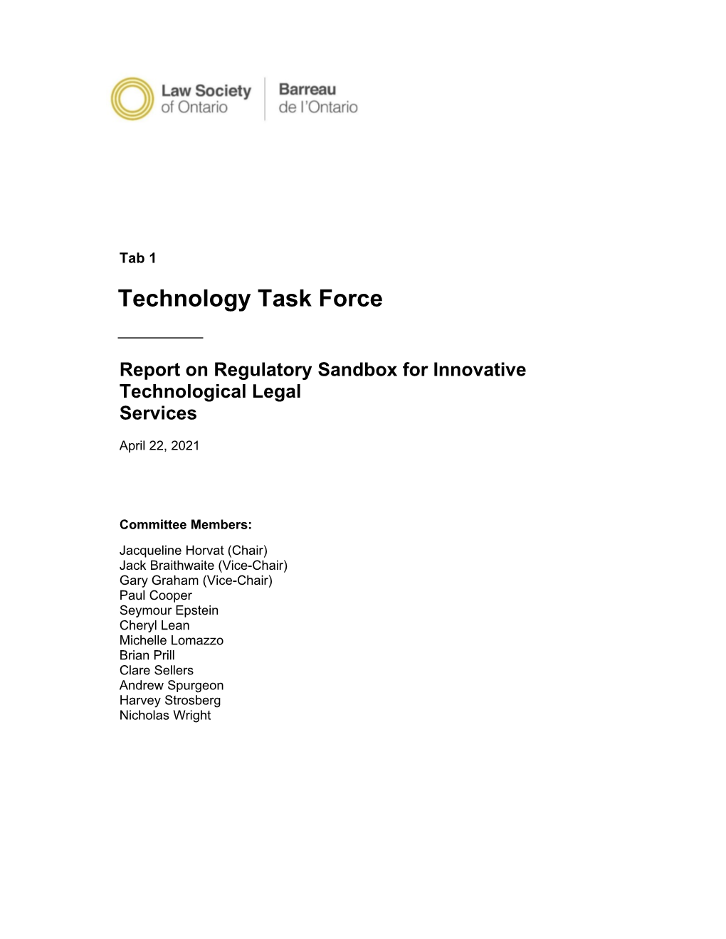 Report on Regulatory Sandbox for Innovative Technological Legal Services