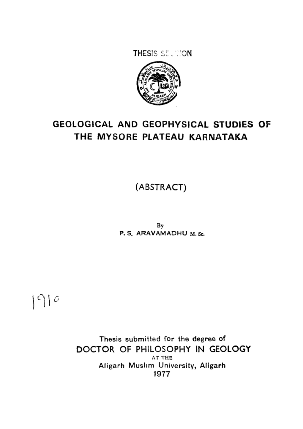 IN GEOLOGY at the Allgarh Mushm University, Aligarh 1977 V\>