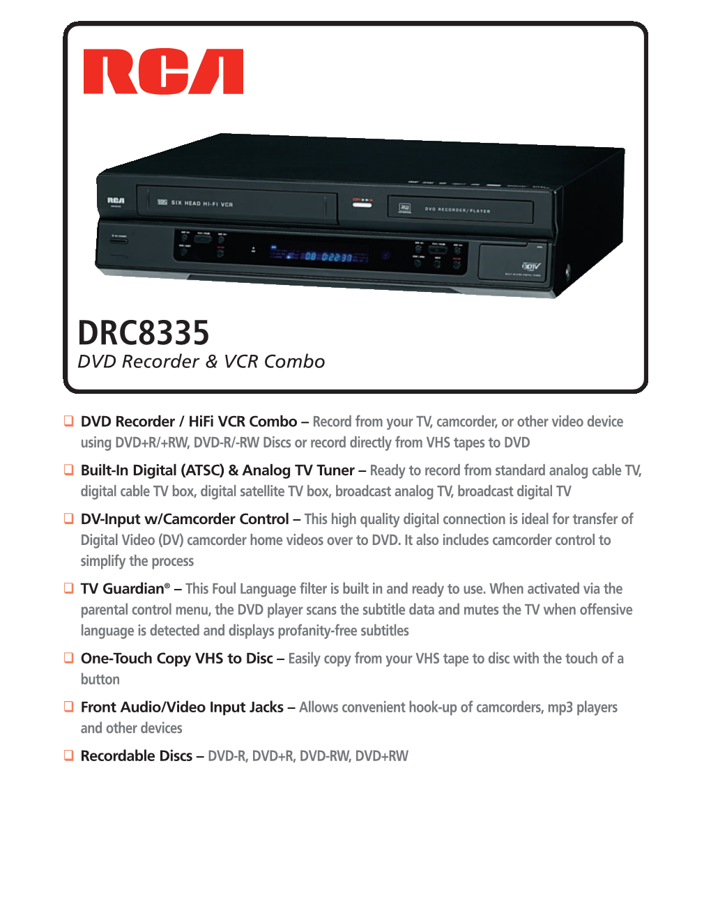 DRC8335 DVD Recorder & VCR Combo