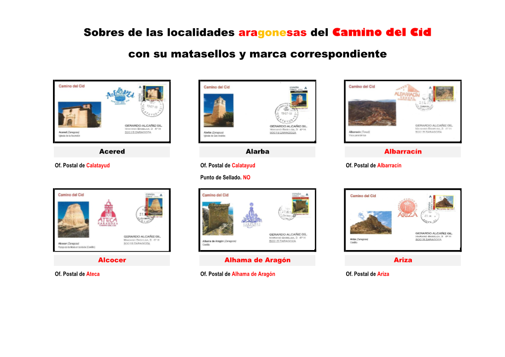 Sobres De Las Localidades Aragonesas Del Camino Del Cid Con Su Matasellos Y Marca Correspondiente