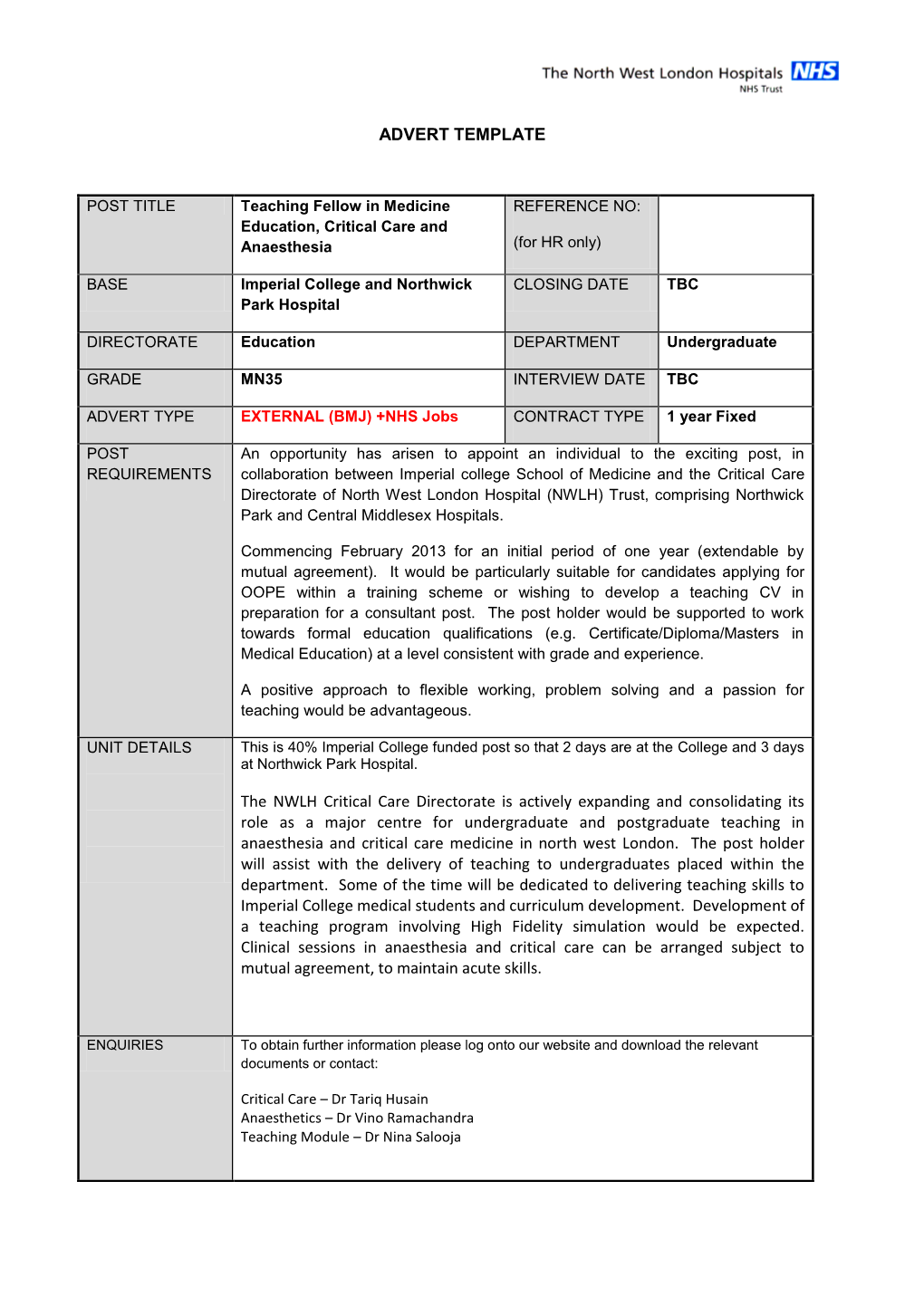 ADVERT TEMPLATE the NWLH Critical Care Directorate Is Actively