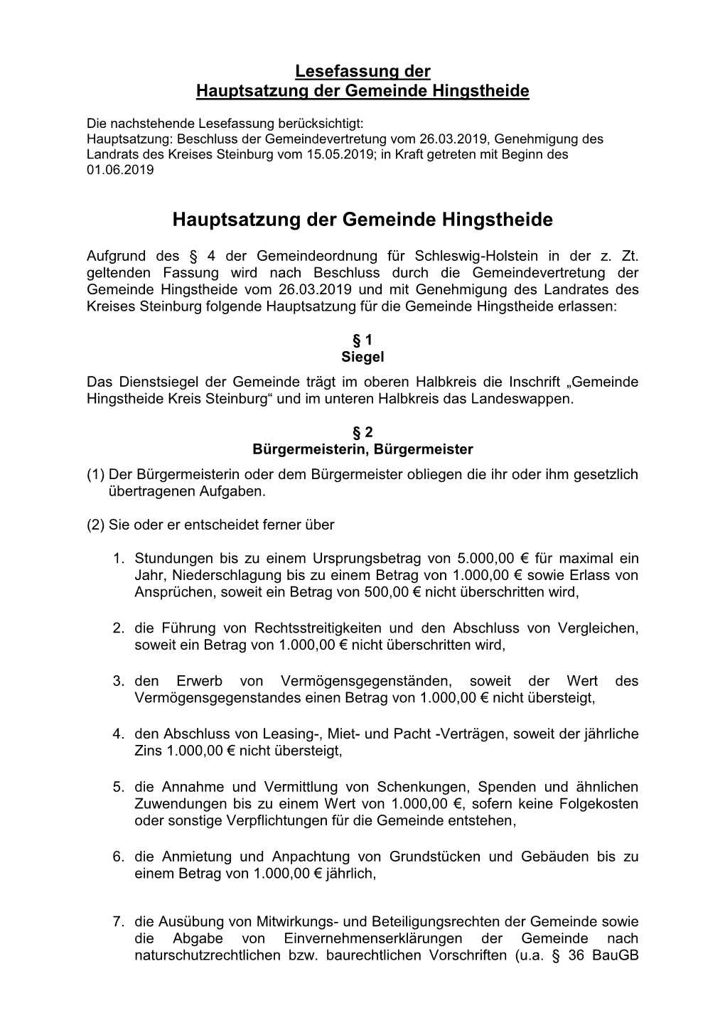 Hauptsatzung Der Gemeinde Hingstheide