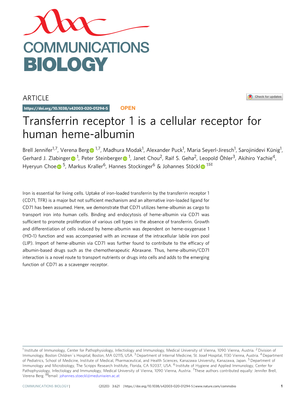 Transferrin Receptor 1 Is a Cellular Receptor for Human Heme-Albumin