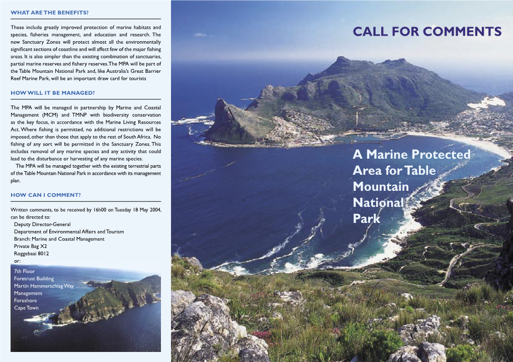 CALL for COMMENTS a Marine Protected Area for Table Mountain