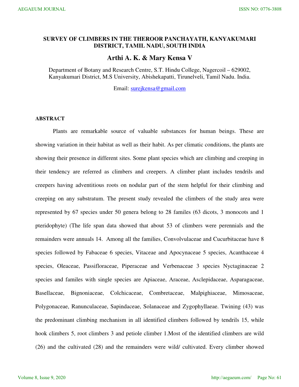 Survey of Climbers in the Theroor Panchayath, Kanyakumari District, Tamil Nadu, South India