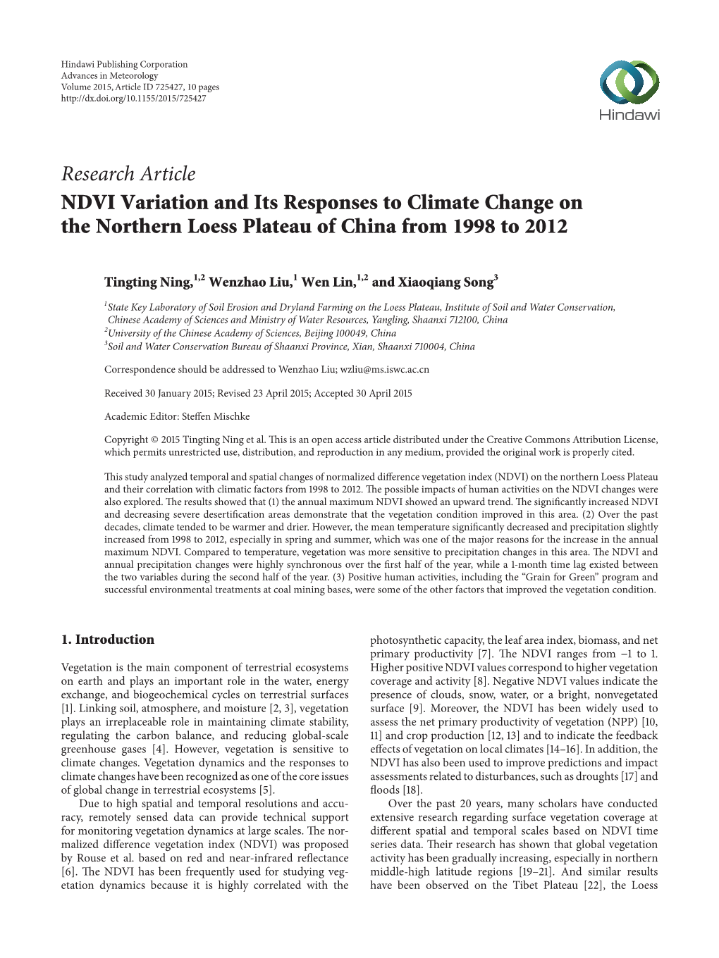 Research Article NDVI Variation and Its Responses to Climate Change on the Northern Loess Plateau of China from 1998 to 2012