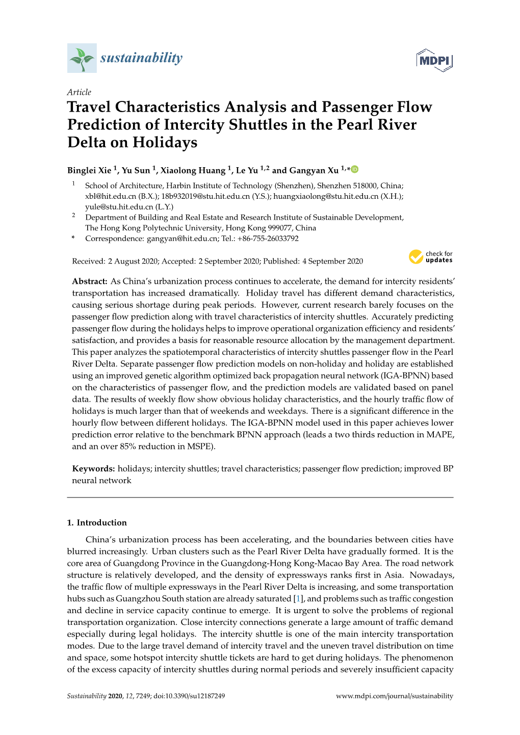 Travel Characteristics Analysis and Passenger Flow Prediction of Intercity Shuttles in the Pearl River Delta on Holidays