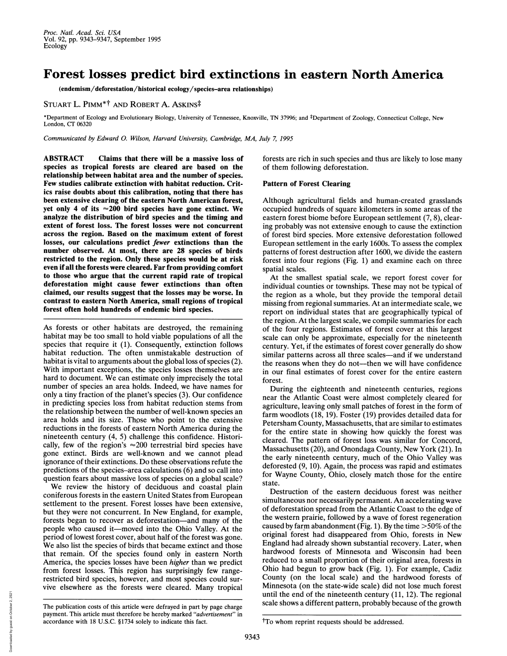 Forest Losses Predict Bird Extinctions in Eastern North America (Endemism/Deforestation/Historical Ecology/Species-Area Relationships) STUART L