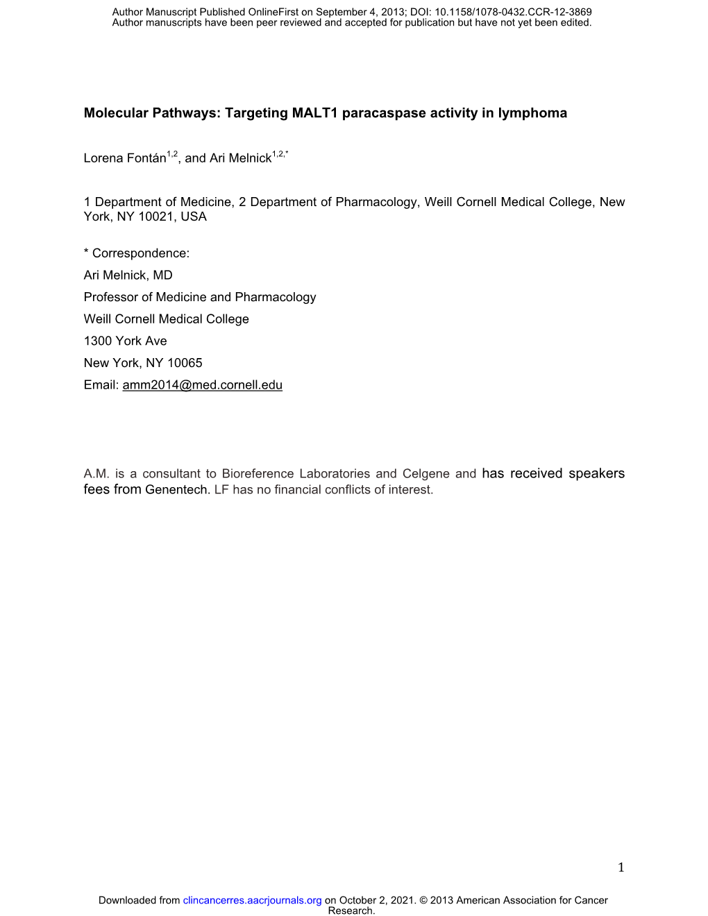 Targeting MALT1 Paracaspase Activity in Lymphoma