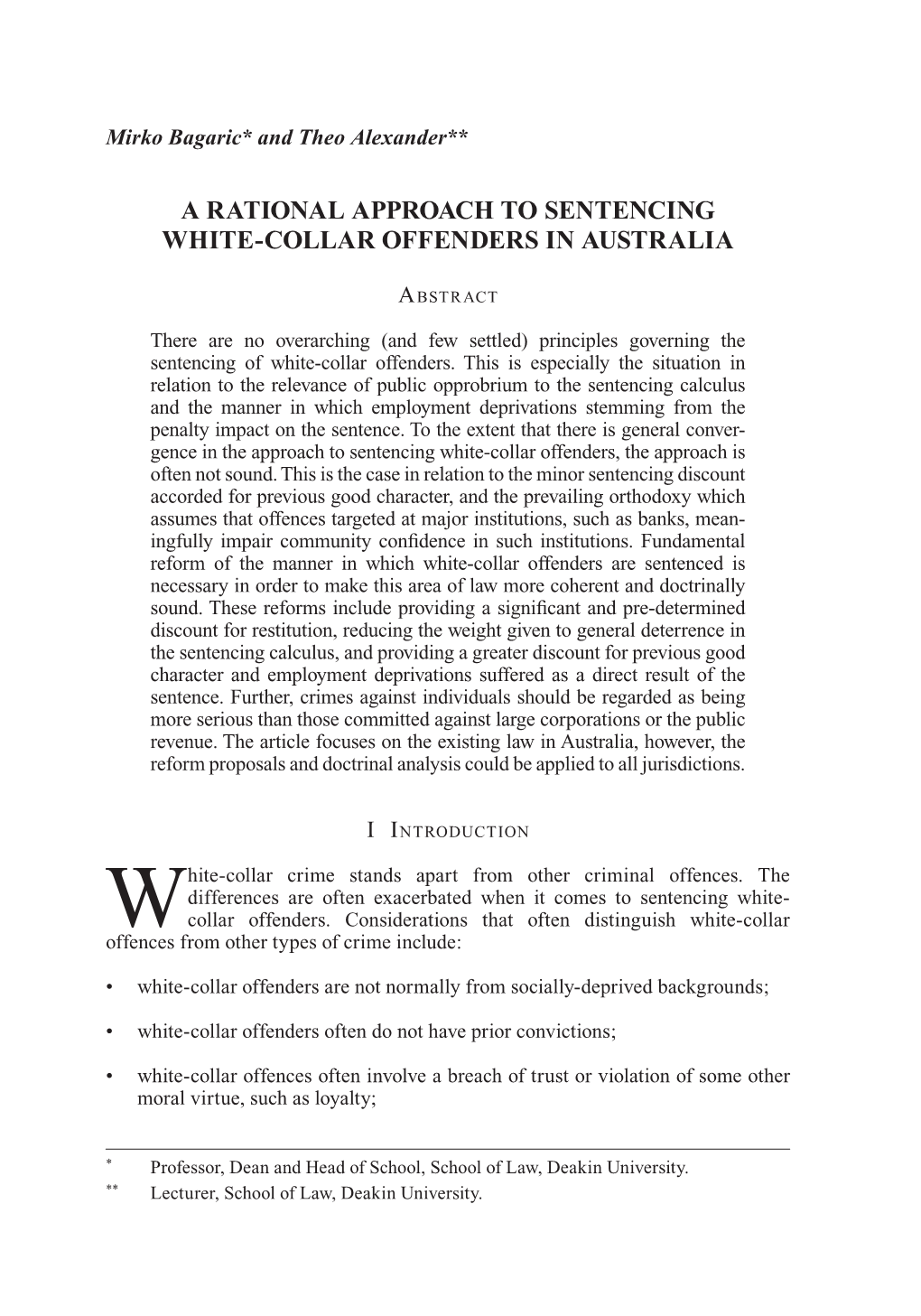A Rational Approach to Sentencing White-Collar Offenders in Australia