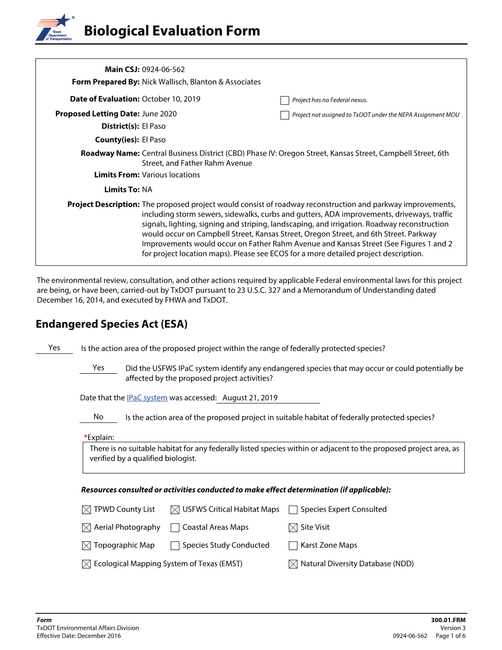 Biological Evaluation Form