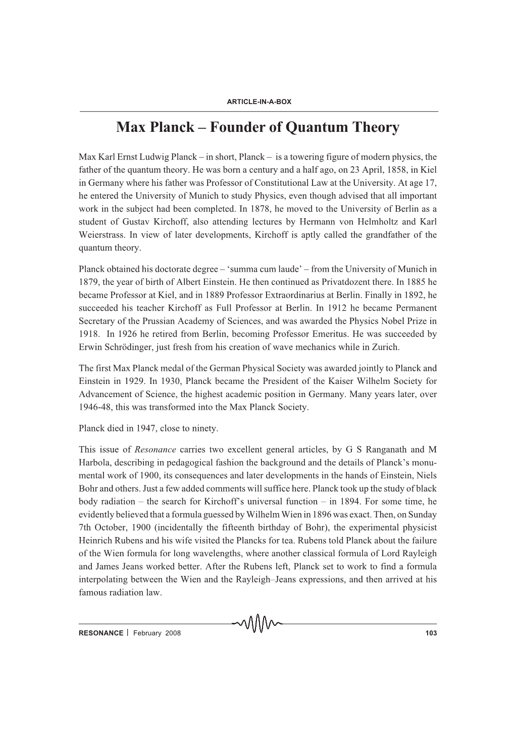 Max Planck – Founder of Quantum Theory