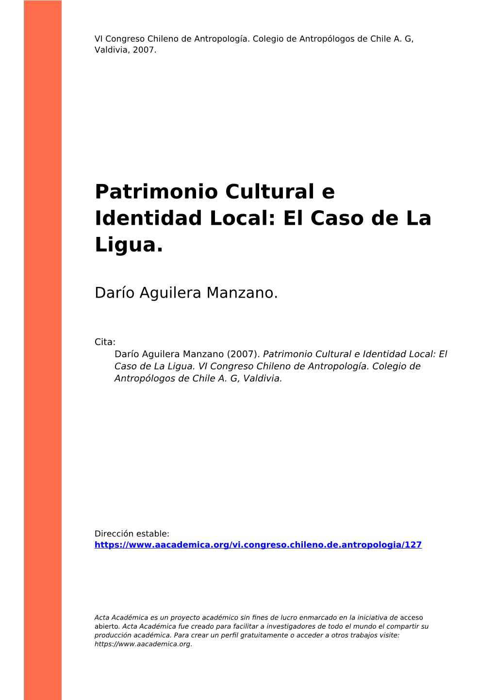 Patrimonio Cultural E Identidad Local: El Caso De La Ligua