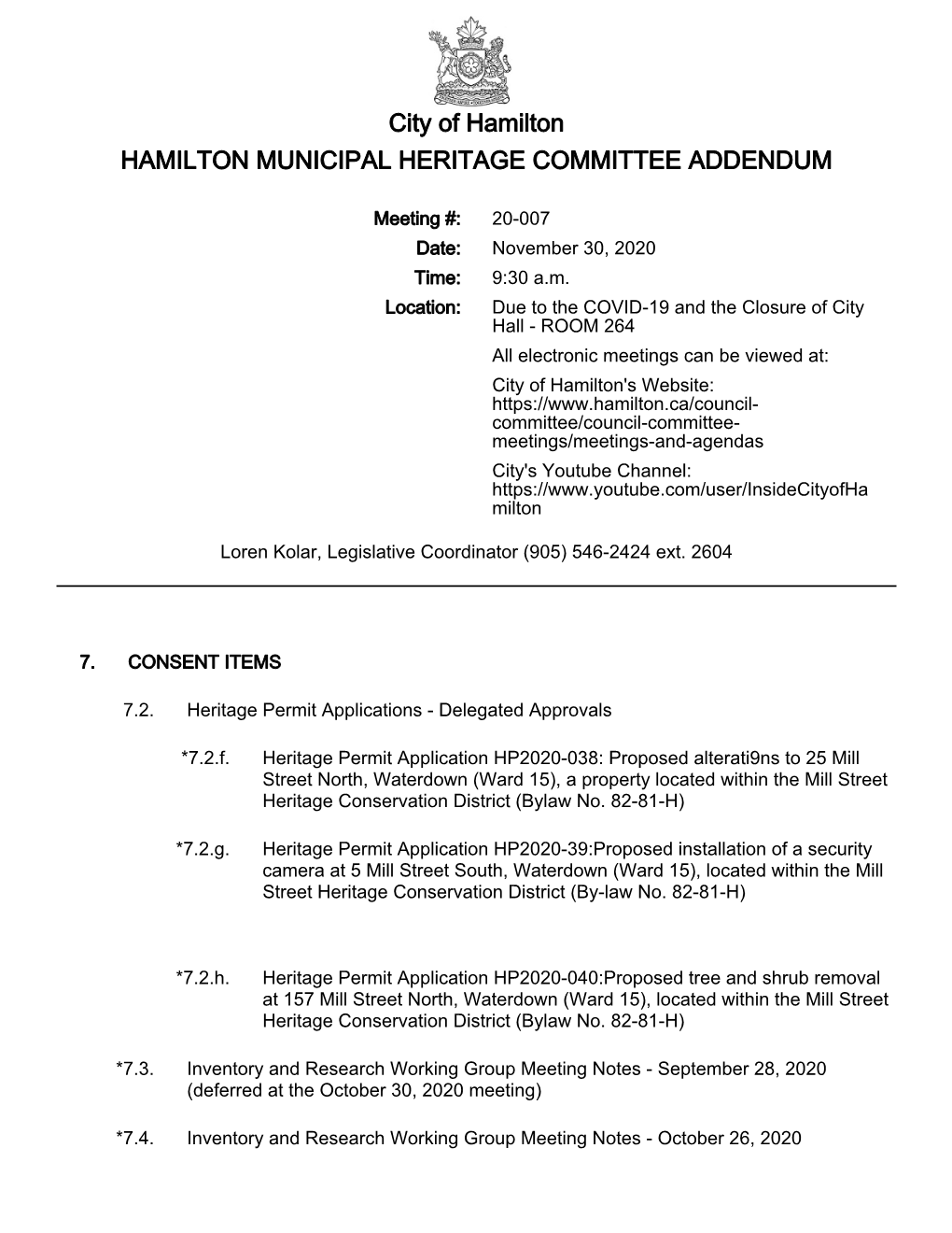 Hamilton Municipal Heritage Committee Agenda Package