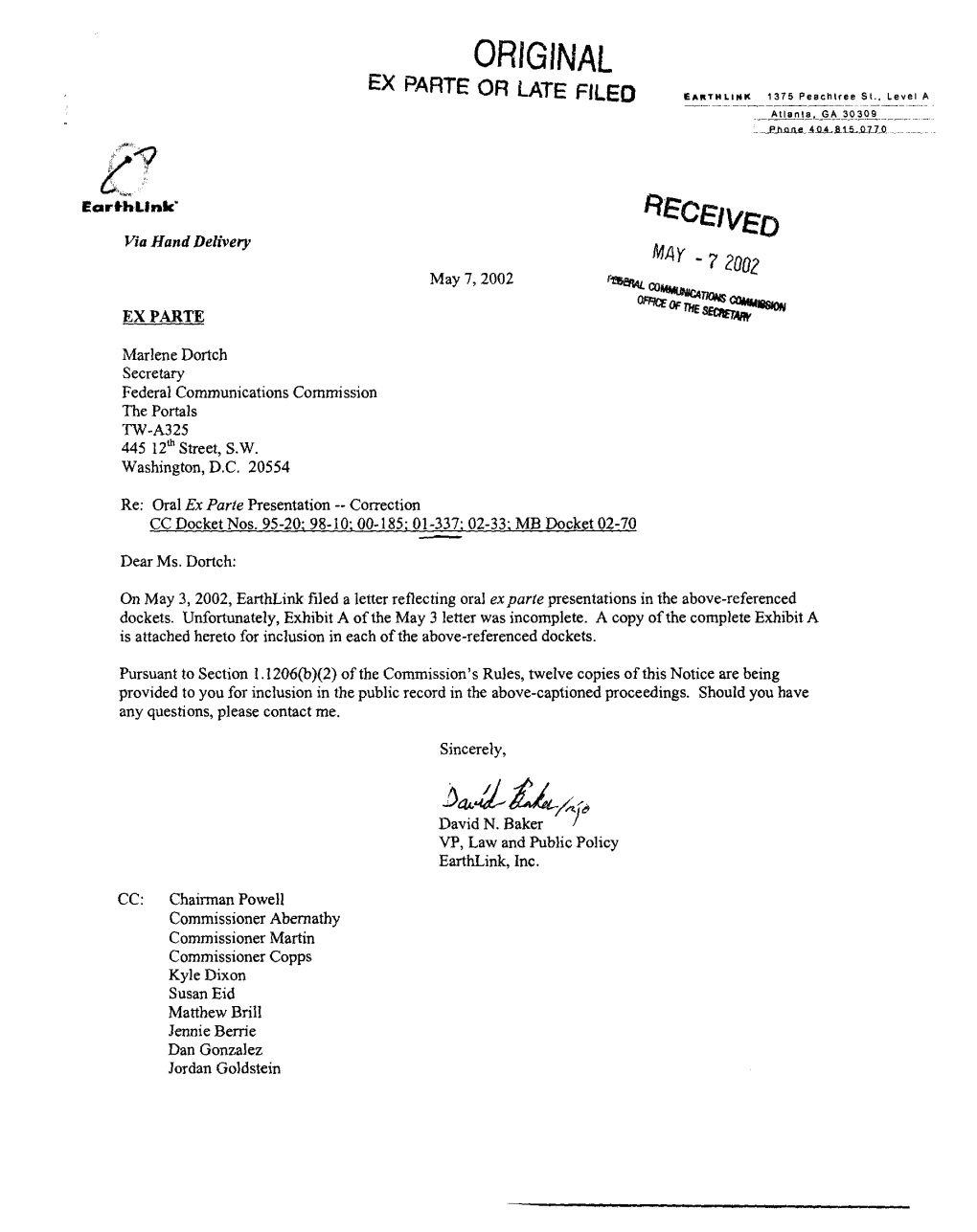 Earthlink Filed a Letter Reflecting Oral Ex Parte Presentations in the Above-Referenced Dockets