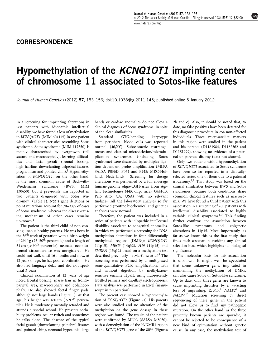 Hypomethylation of the KCNQ1OT1 Imprinting Center of Chromosome 11 Associated to Sotos-Like Features