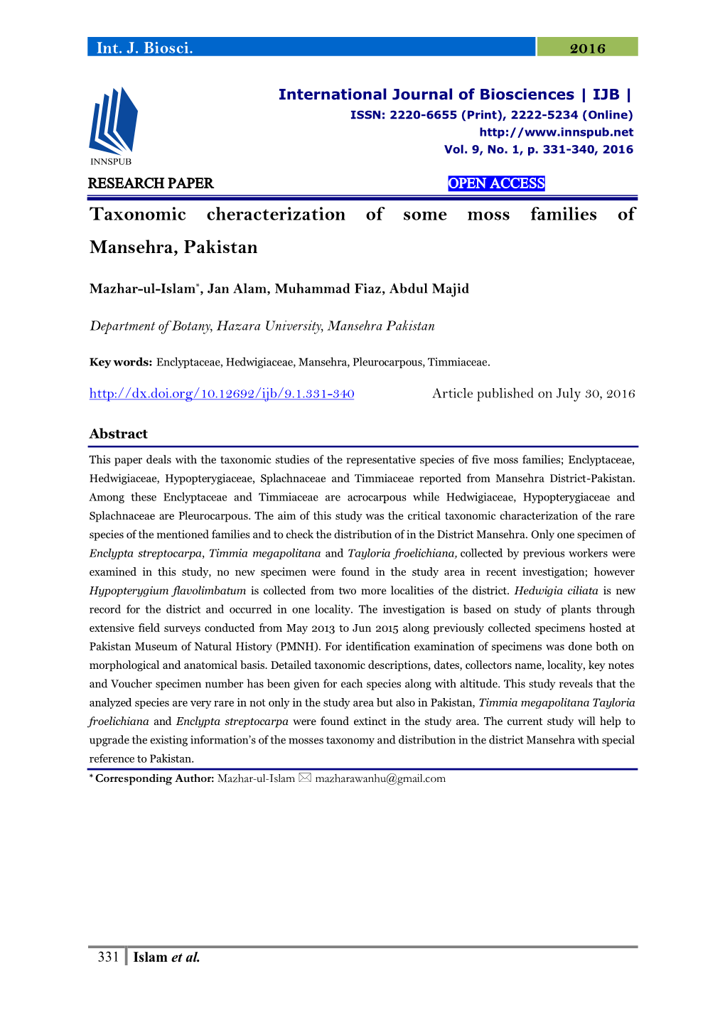 Taxonomic Cheracterization of Some Moss Families of Mansehra, Pakistan