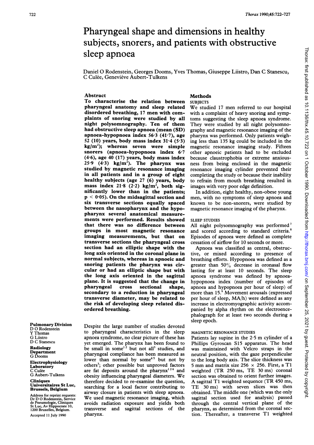 Pharyngeal Shape and Dimensions in Healthy Jects, Snorers, Sub and Patients with Obstructive Thorax: First Published As 10.1136/Thx.45.10.722 on 1 October 1990