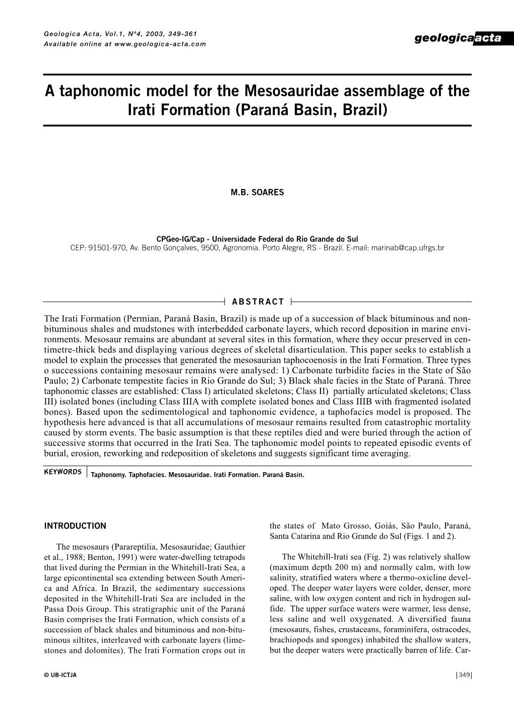 A Taphonomic Model for the Mesosauridae Assemblage of the Irati Formation (Paraná Basin, Brazil)