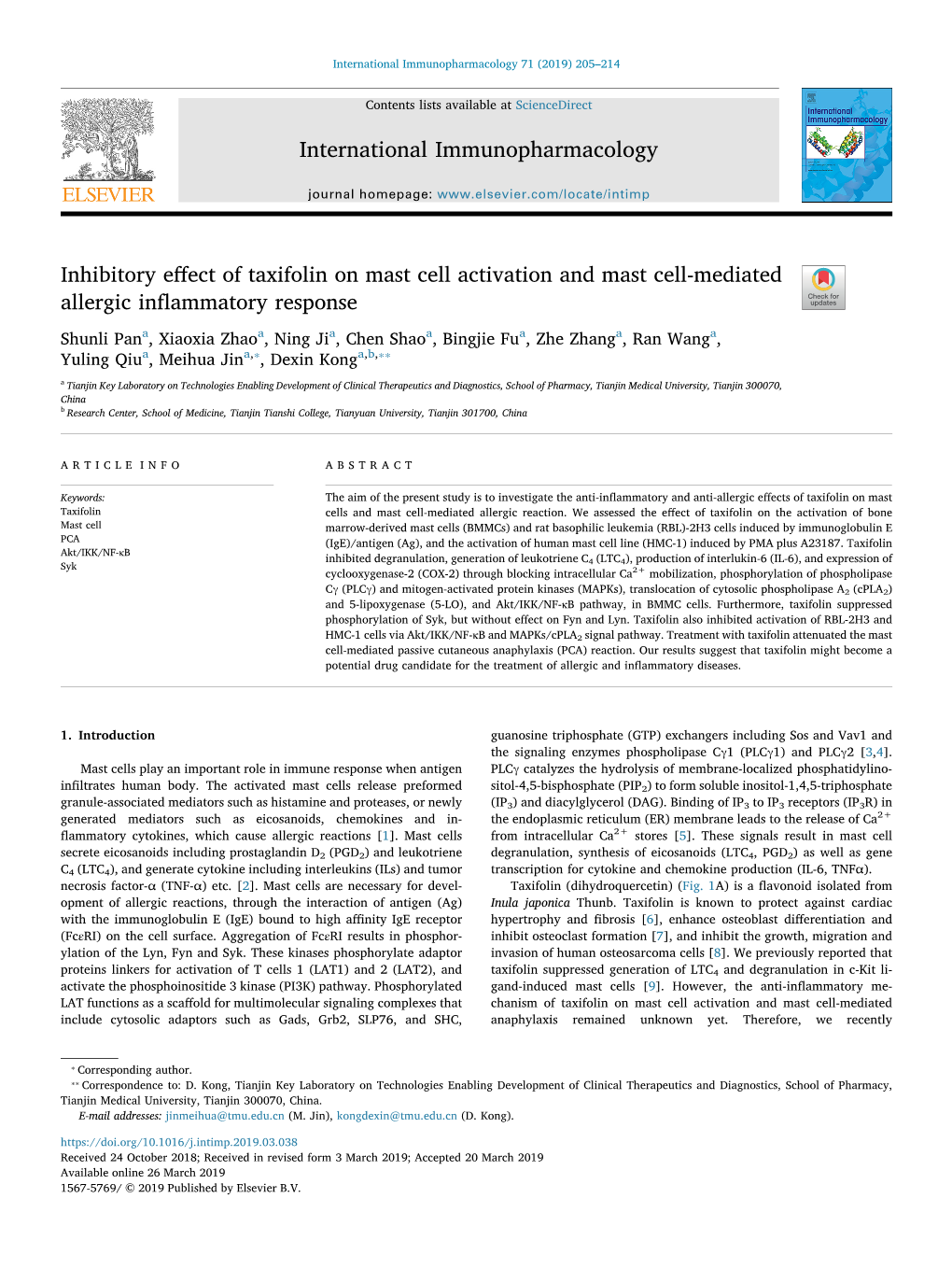 Inhibitory Effect of Taxifolin on Mast Cell Activation and Mast Cell