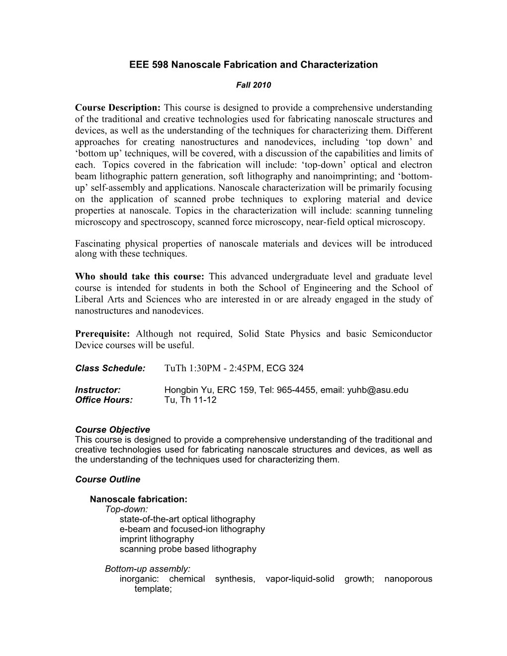 EEE 598 Nanoscale Fabrication and Characterization