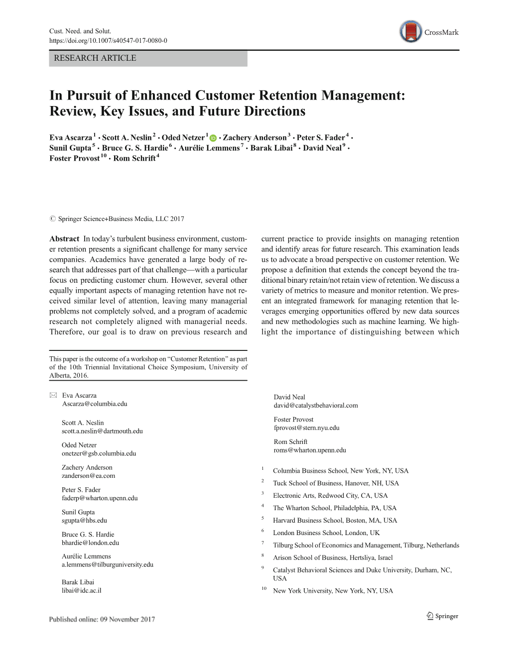 In Pursuit of Enhanced Customer Retention Management: Review, Key Issues, and Future Directions