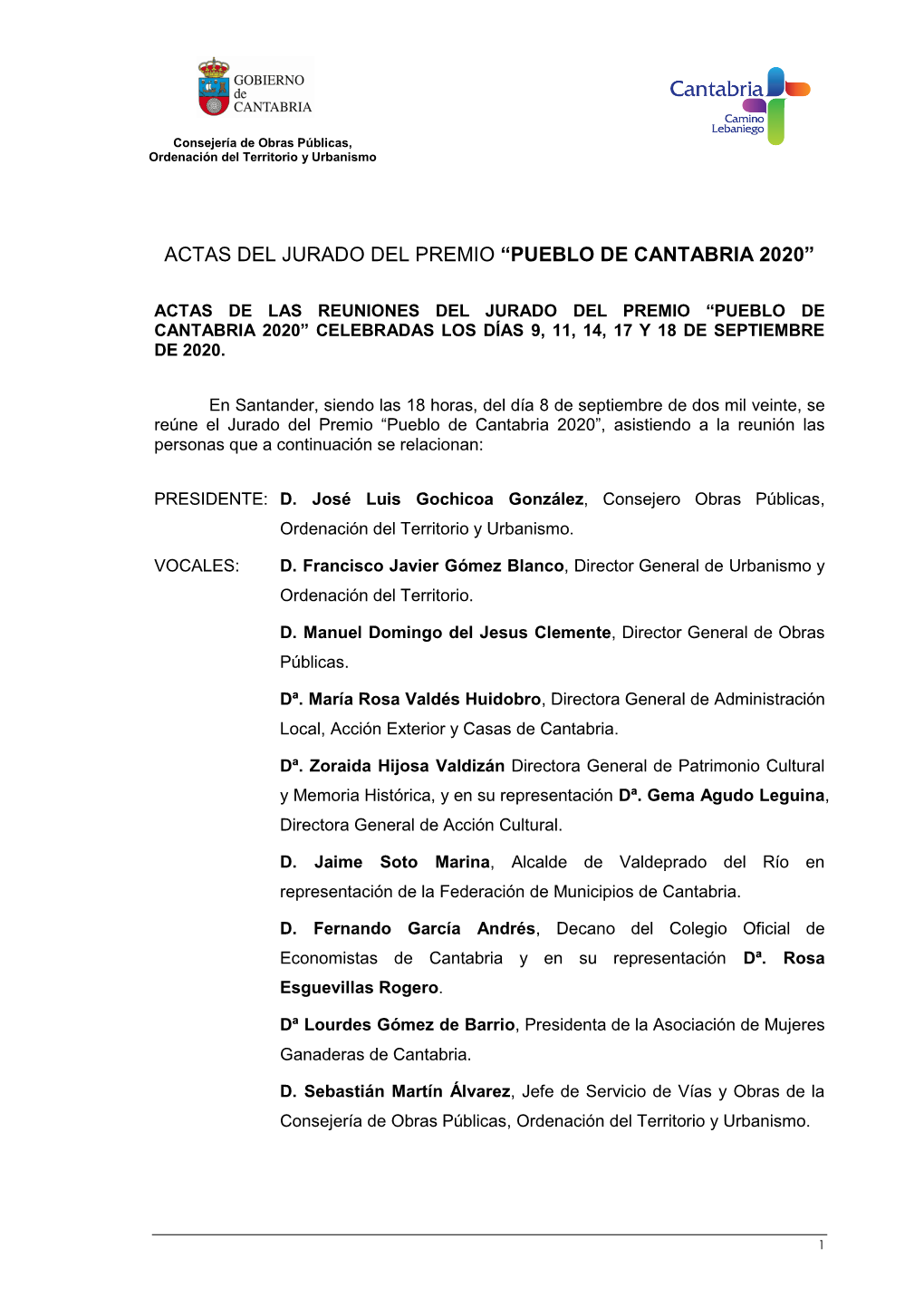 Actas Del Jurado Del Premio "Pueblo De Cantabria 2020"